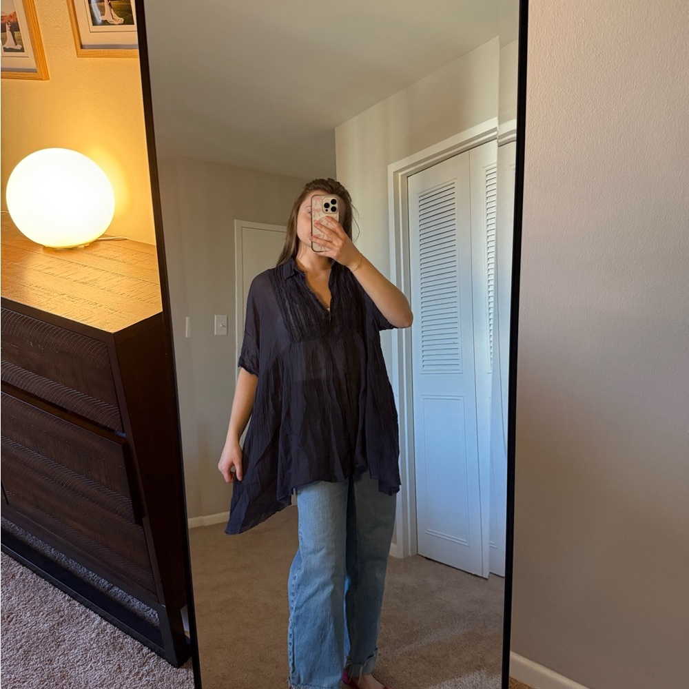 Free People Flowy Button-Front Tunic Top - Navy Blue